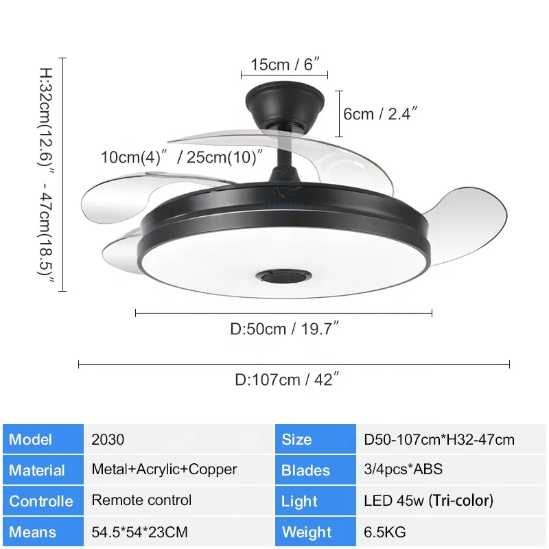 2030 110V 220V 42inch fan ceiling fan hidden blades with speaker