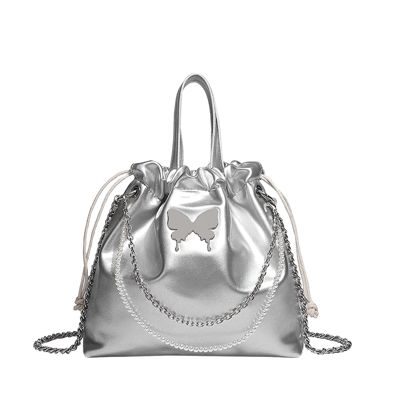 Silver Butterfly Backpack Women's New Trendy Fashion Korean Pearl Chain Backpack Versatile Handbag