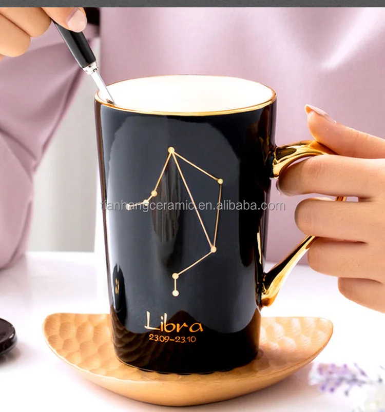 Cheap Price  White Black 12 Constellations Gold Pattern Ceramic Coffee Mug With Lid Spoon And Gold Handle For Souvenir.jpg