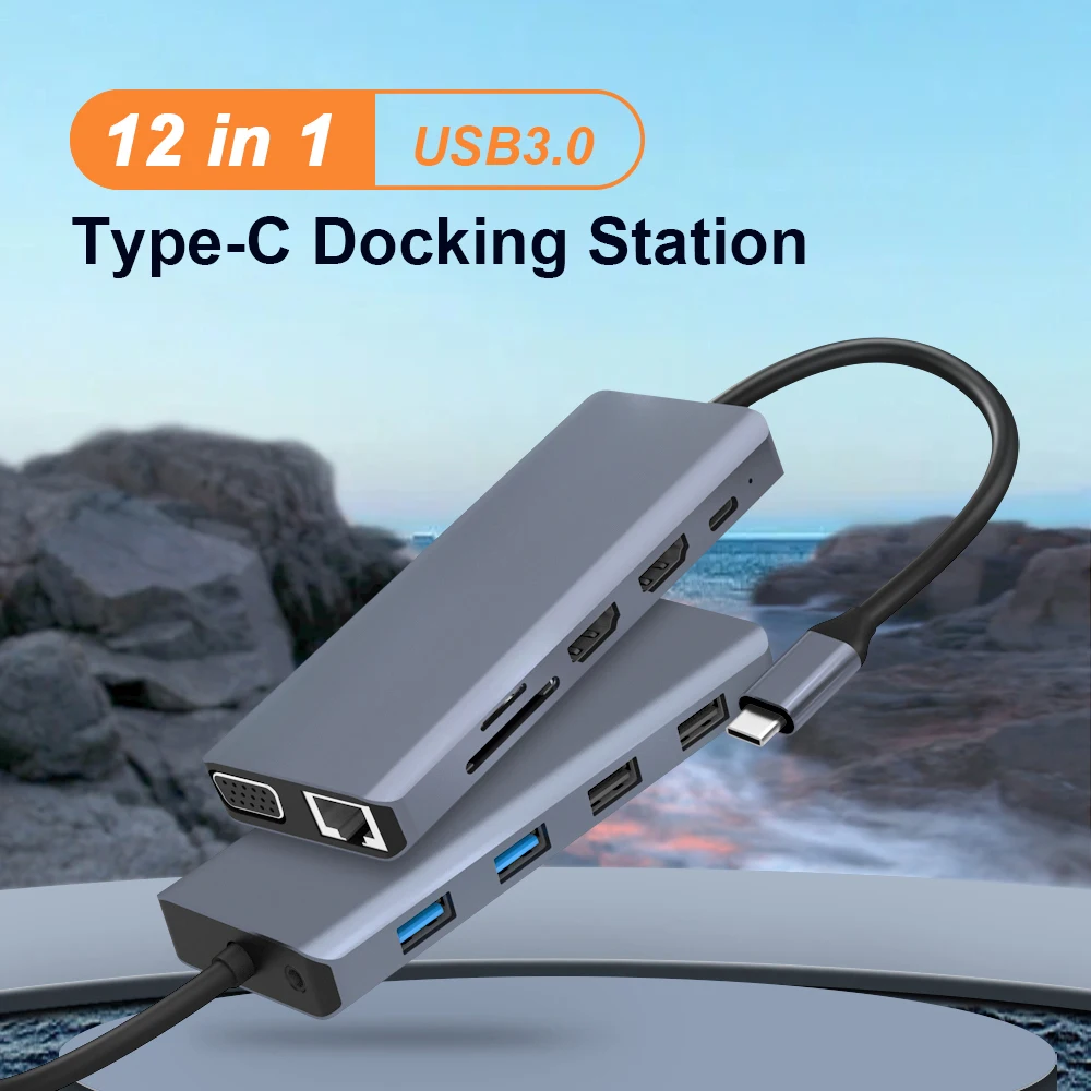 Guanchen Portable Aluminum 12 in 1 USB C Docking Station Type C Hub Adapter with 4K HDM I VGA Display USB3.0 100W PD RJ45 1G