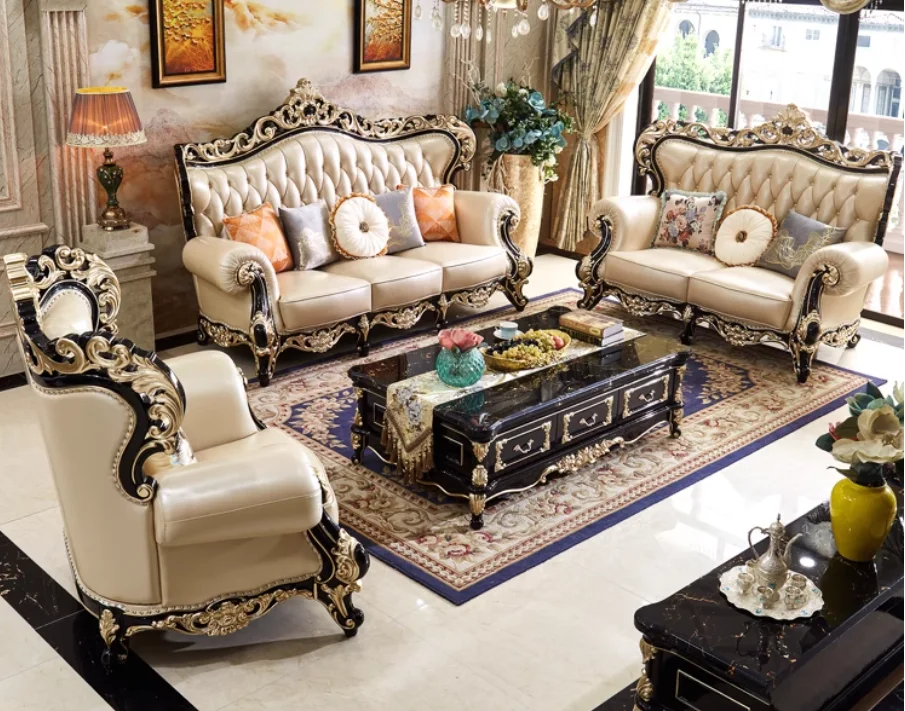 Luxury European Style Double-Sided Solid Wood Sofa Set Cowhide Fabric with Genuine Leather for Living Room Hotels Villas