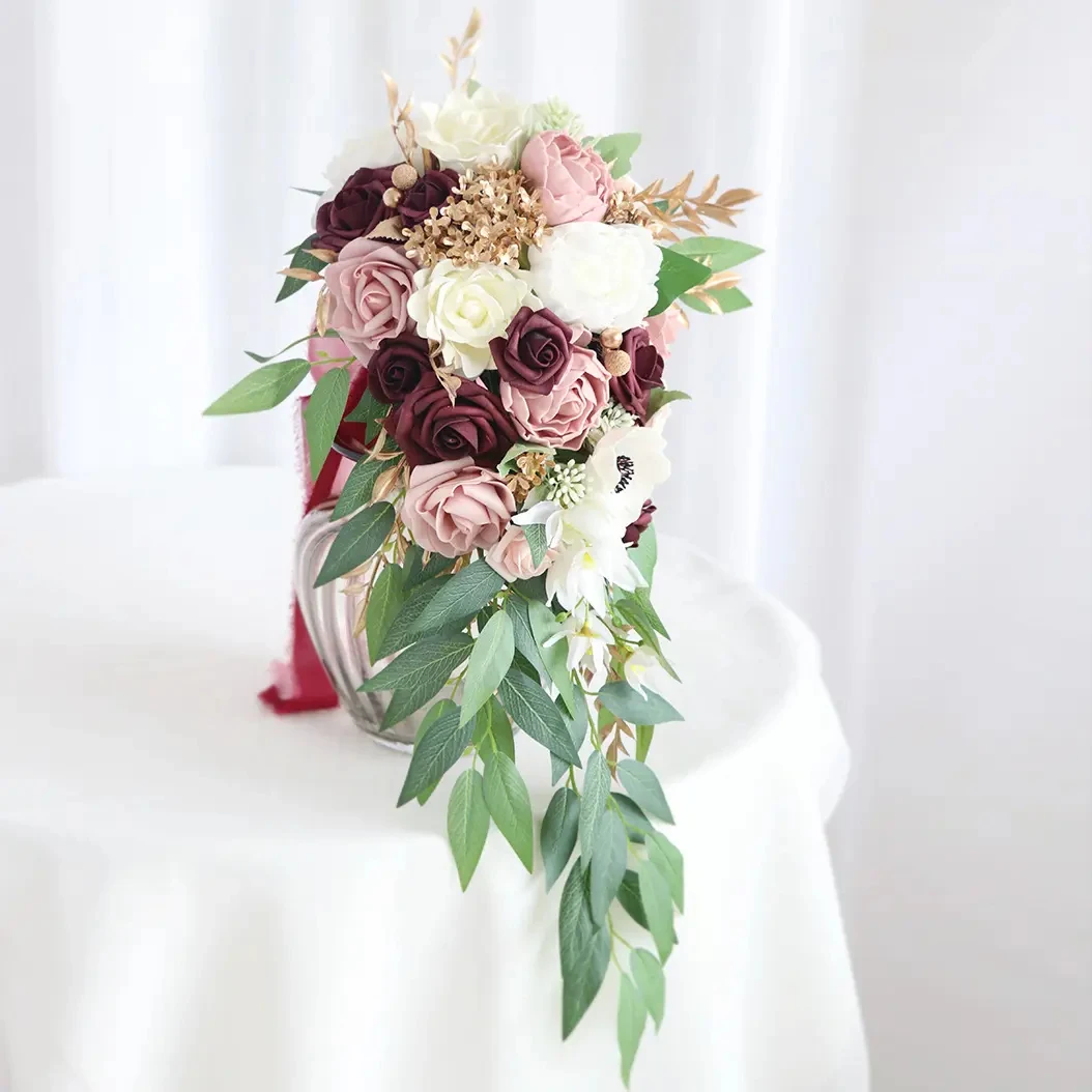 SPH034 Wholesale Wine Red Bean Paste Pink Water Drop Holding Flowers Simulation Bride Holding Flowers Bridal Bouquet For Wedding