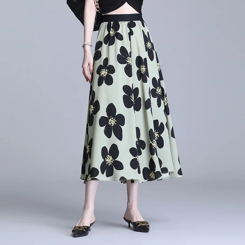 Ice silk print A-line skirt summer new style Korean style high waist draped pleated skirt mid-length skirt