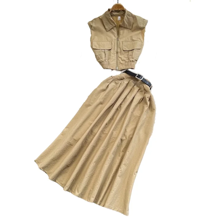 Fashion Set Female Korean Version POLO Collar Sleeveless Waist Drawstring Tie Shirt Two-Piece Set High Waist A-Line Skirt