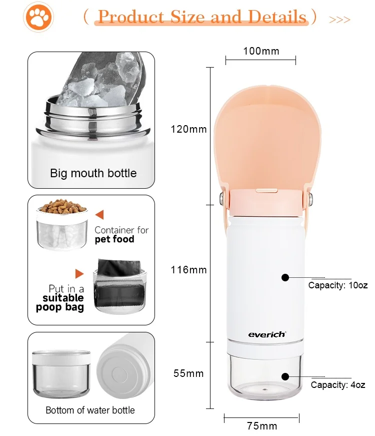 Everich New Design Lid Double Wall Vacuum Insulated Stainless Steel Dog Water Bottle with Pet Bowl
