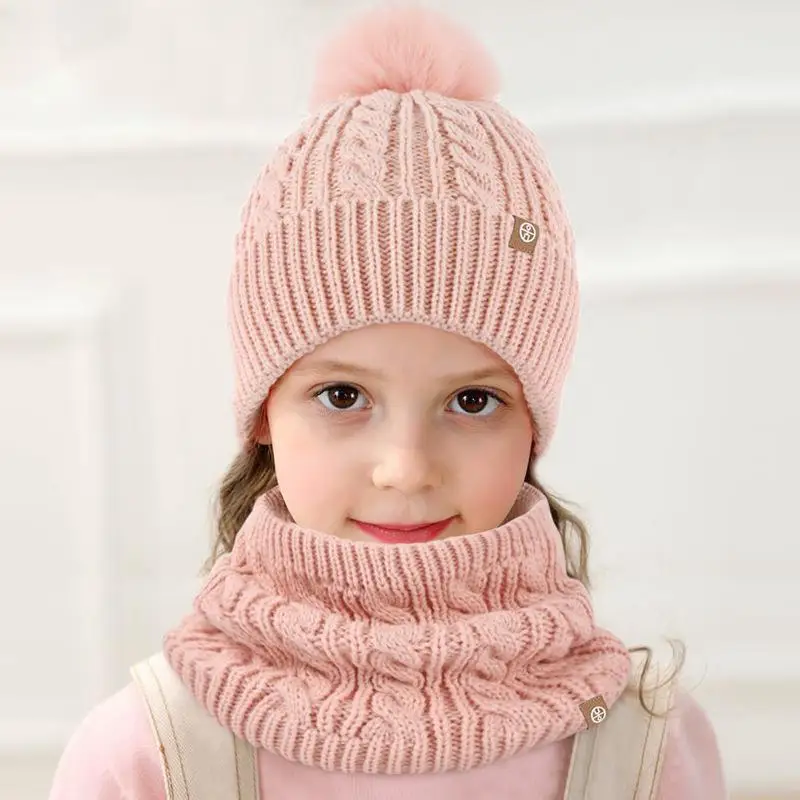 Children 5-12 Years Old Pom Pom Beanie Hat Scarf And Gloves Three-Piece Winter Fleece Warm Knit Hat Gloves And Scarf Set