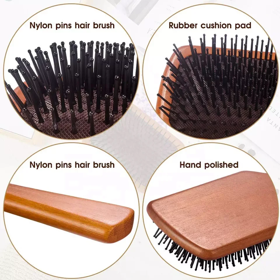 Natural Bamboo Wood Handle Massage Scalp Wooden Paddle Hairbrush Hair Brush Custom Label Antistatic Soft Bristle 100%  Supplier