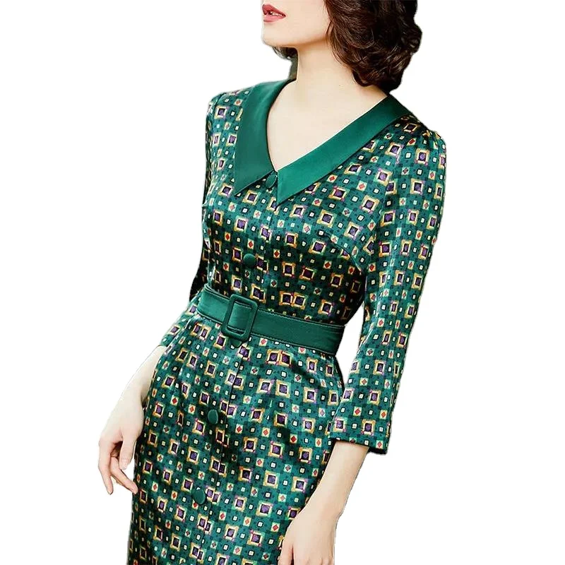 2021 spring new temperament waist slimming imitation mulberry silk skirt printed doll collar three-quarter sleeve dress female