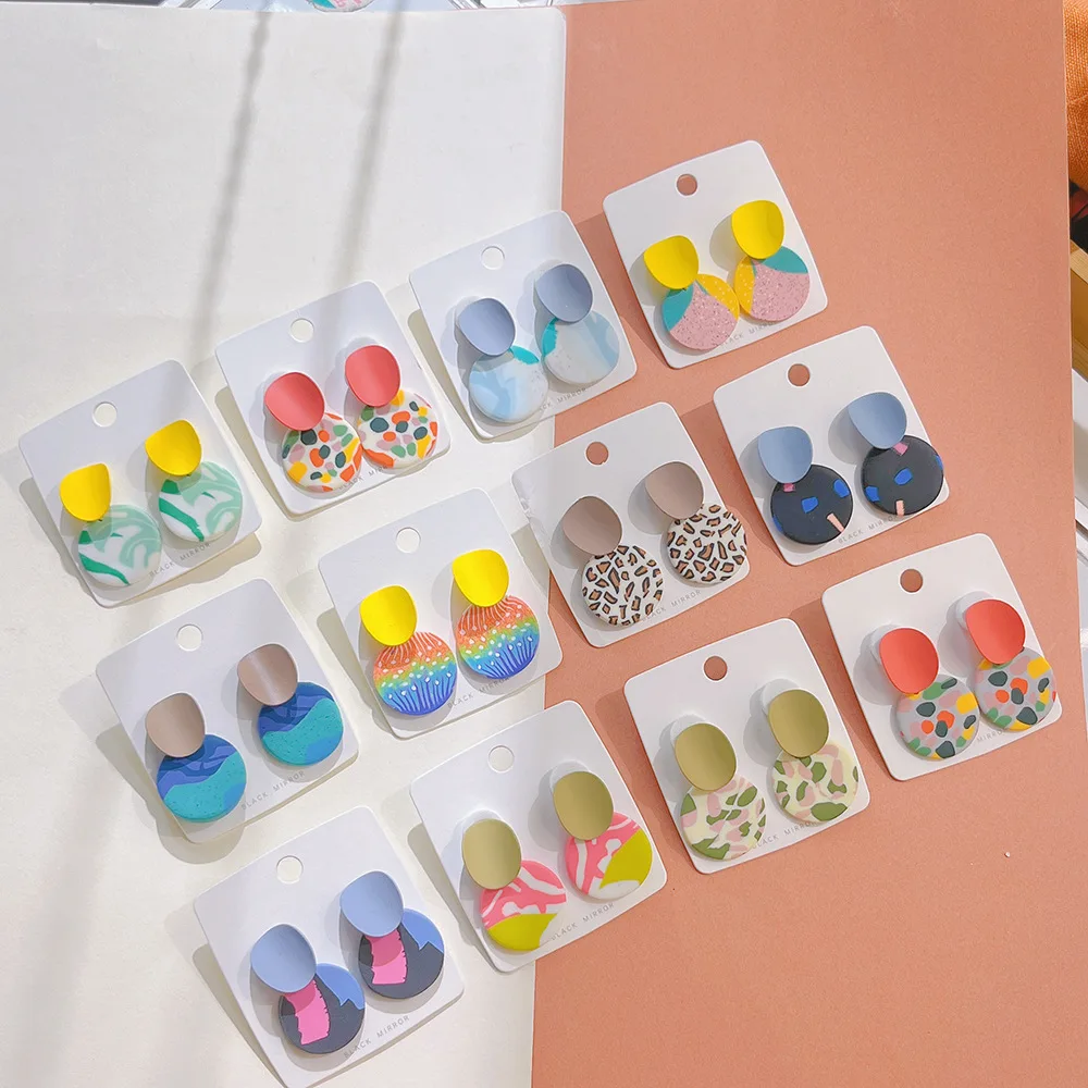 2024 Trendy Handmade Polymer Clay Multi Colors Round Cutters Earrings Leopard Cow Polymer Clay Earrings for Women