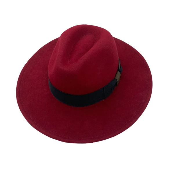 Wholesale New Trendy Ladies Dark Red 100% Wool Felt Women Flat Brim Handmade Wide Brim Jazz Fedora Hat  With Ribbon Rope