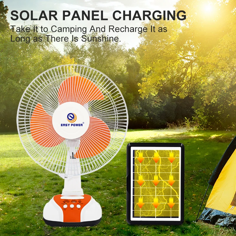 12 Inch Battery Fan Solar Charge Table Fan USB Power Bank Function Led Light Solar Rechargeable Fan For Emergency