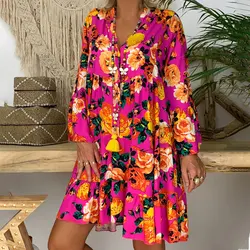 5XL Summer Boho Long Sleeve Maxi Shirts Dress Flower Floral Print Beach Dresses Loose Mini Party Tropical Tunic Dress Women