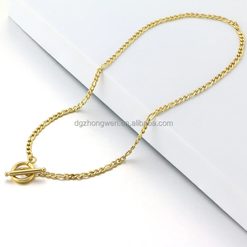Zhongwen Toggle Bar Design  Fashion Jewelry  Stainless Steel 18K  Gold Figaro Chain Necklace
