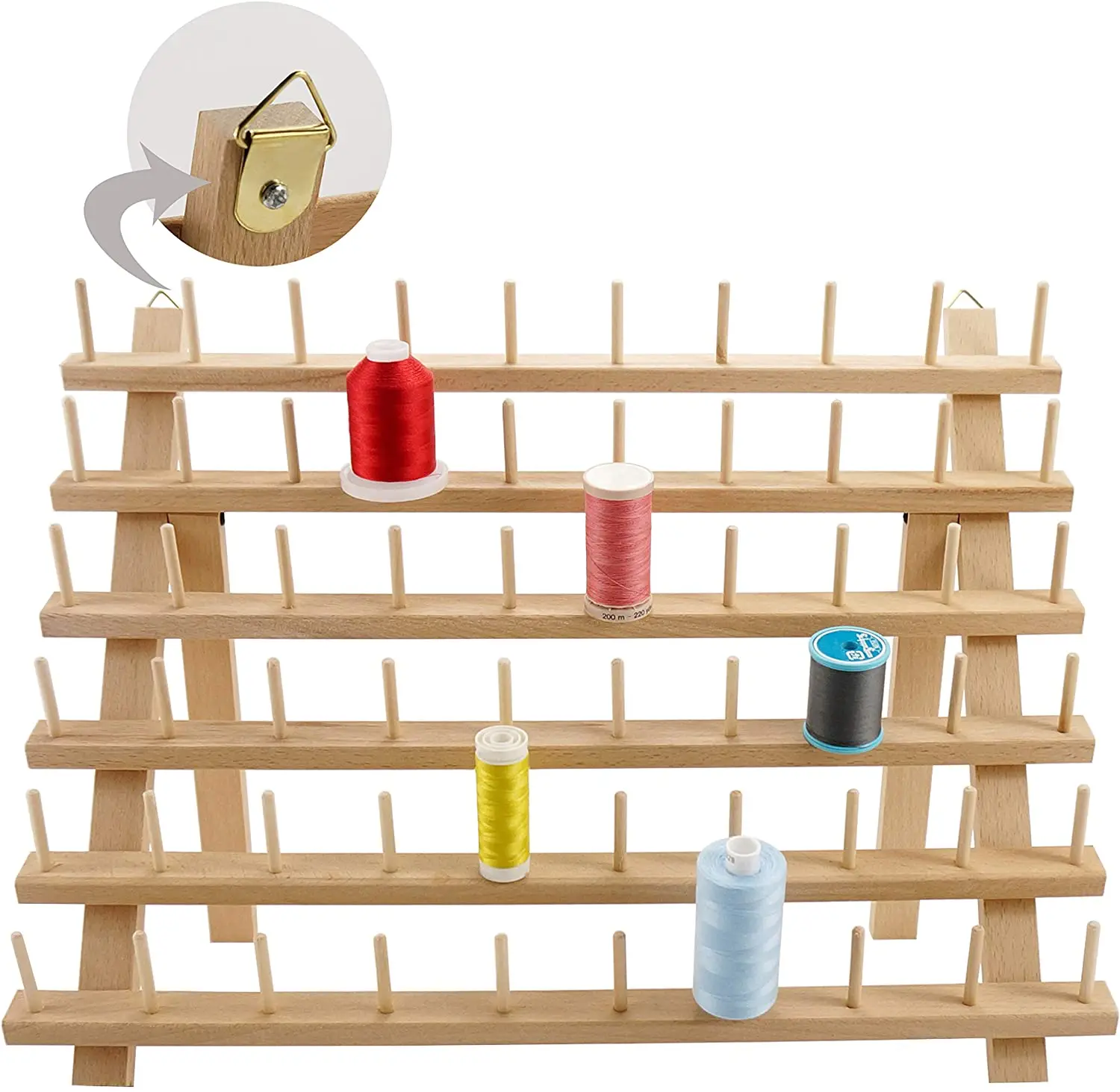 New brothread 60 Spools Wooden Thread Rack/Thread Holder Organizer with Hanging Hooks for Embroidery Quilting and Sewing Threads