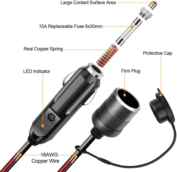 12V Cigarette Lighter Extension Cord Cable Male to Female with Cap for Air Compressor Tire Pump Cooler Fridge