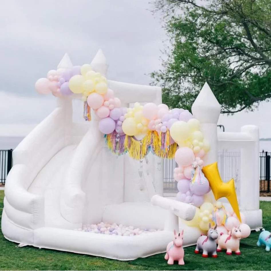 Outdoor commercial inflatable white bounce house combo with ball pit and slide inflatable castle water slide pool
