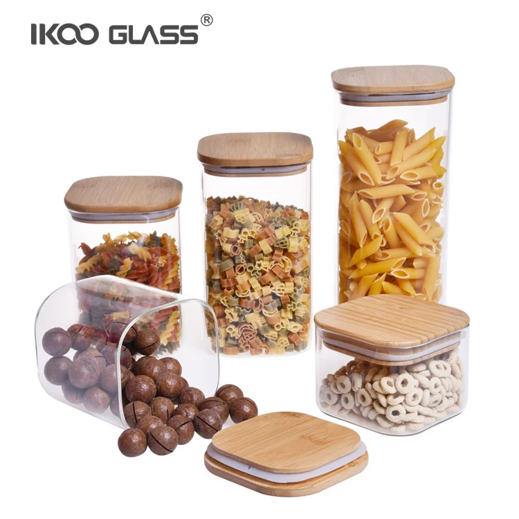 Устойчивая к высоким температурам боросиликатная деревянная крышка без БФА квадратная стеклянная баночка бамбук