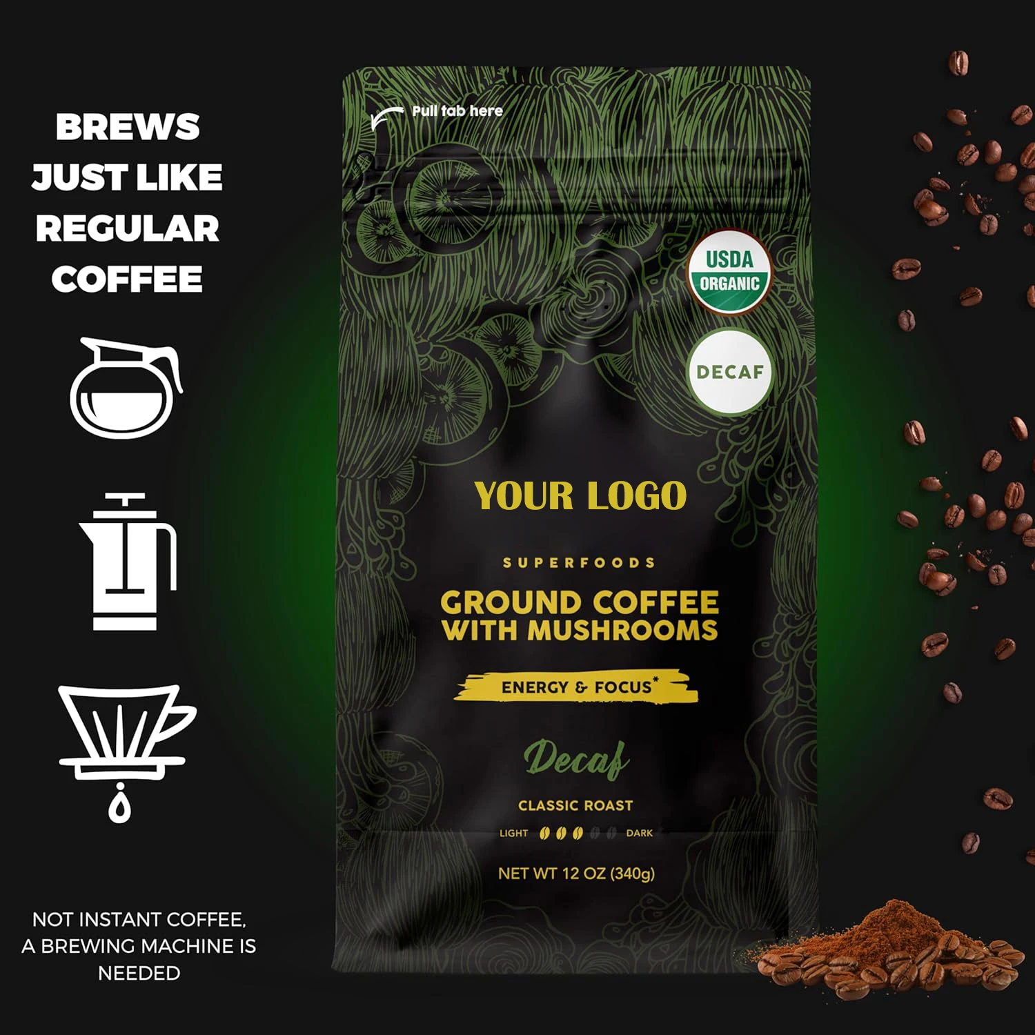 OEM Superfood Mushrooms Reishi Chaga Maitake Shiitake Turkey Tail Blend Mushroom Coffee Powder