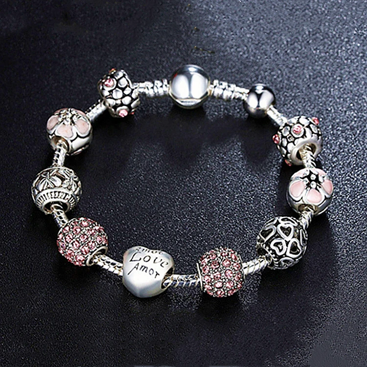 
Designer love heart 925 Silver plated brass beaded charm bracelets for women jewelry 