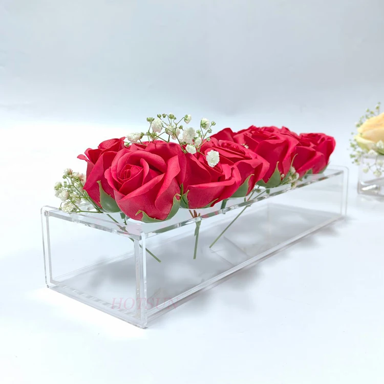 Custom Roses Clear Modern 12 Inch Floral Long Acrylic Flower Vase Rectangular Display Box For Home Decor Weddings Centerpieces