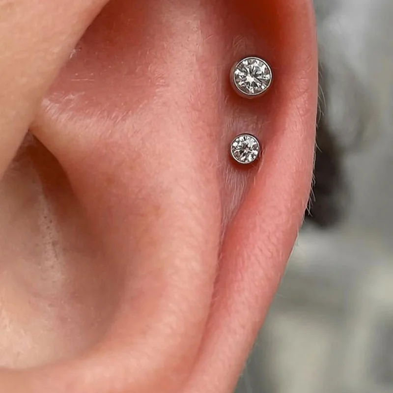 5A Clear Zircon Bezel Setting Flat Back Stud Tragus Gem ASTM F136 Titanium Piercing Earring Studs