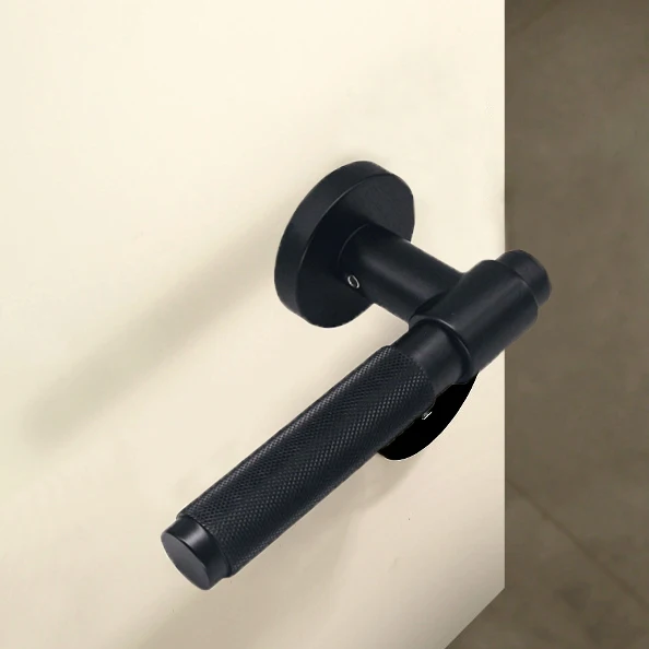Zinc Alloy Knurled Door Handle Set Mortise Lock Handle Modern Black Round Lever Interior Door Handle for Wooden Doors