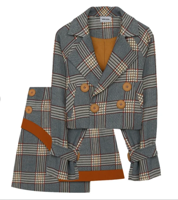 
Spring Autumn Two Piece Plaid Skirt Suit Set Women Korean Style Female Set Mini Skirt And Short Jackets Double Breasted 