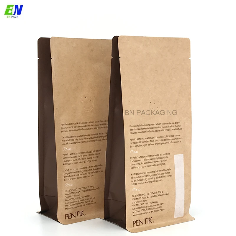 Custom logo Kraft paper+PLA biodegradable box bottom pouch bags with compostable valve