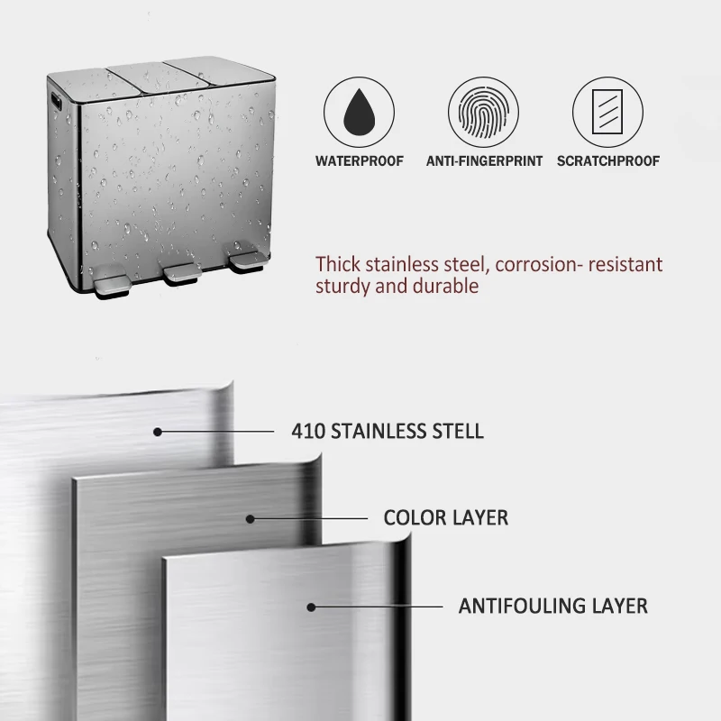 Large Kitchen Trash Can Triple Compartments Recycling Inside Doors Metal Bins Rectangular Foot Pedal Stainless Steel Trash Can