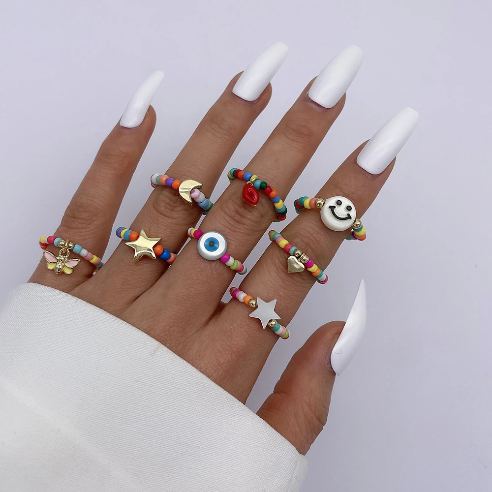 Trending Y2K Boho Fashion Ring Set Adjustable Colorful Seed Beaded Rings for Women Girl Smiley Face Rings