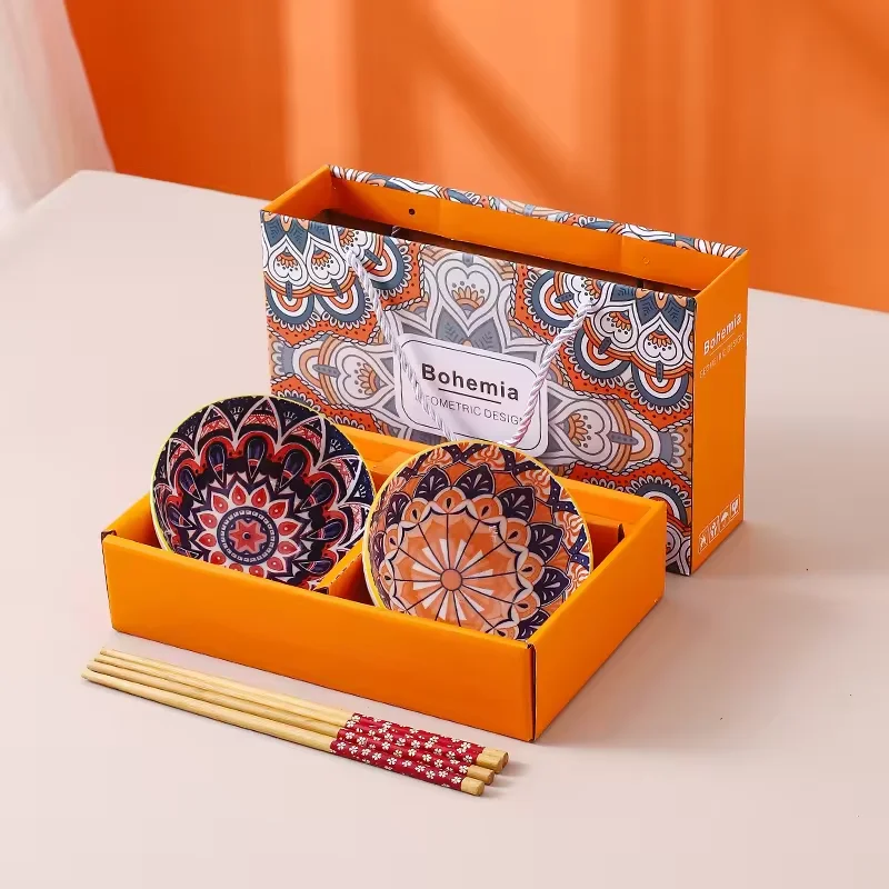 Bohemian Ceramic Gift Box Colorful Printed Under Glazed Gift Set Kitchen Rice Salad Bowl  Serving Ceramic Bohemia Bowls Set