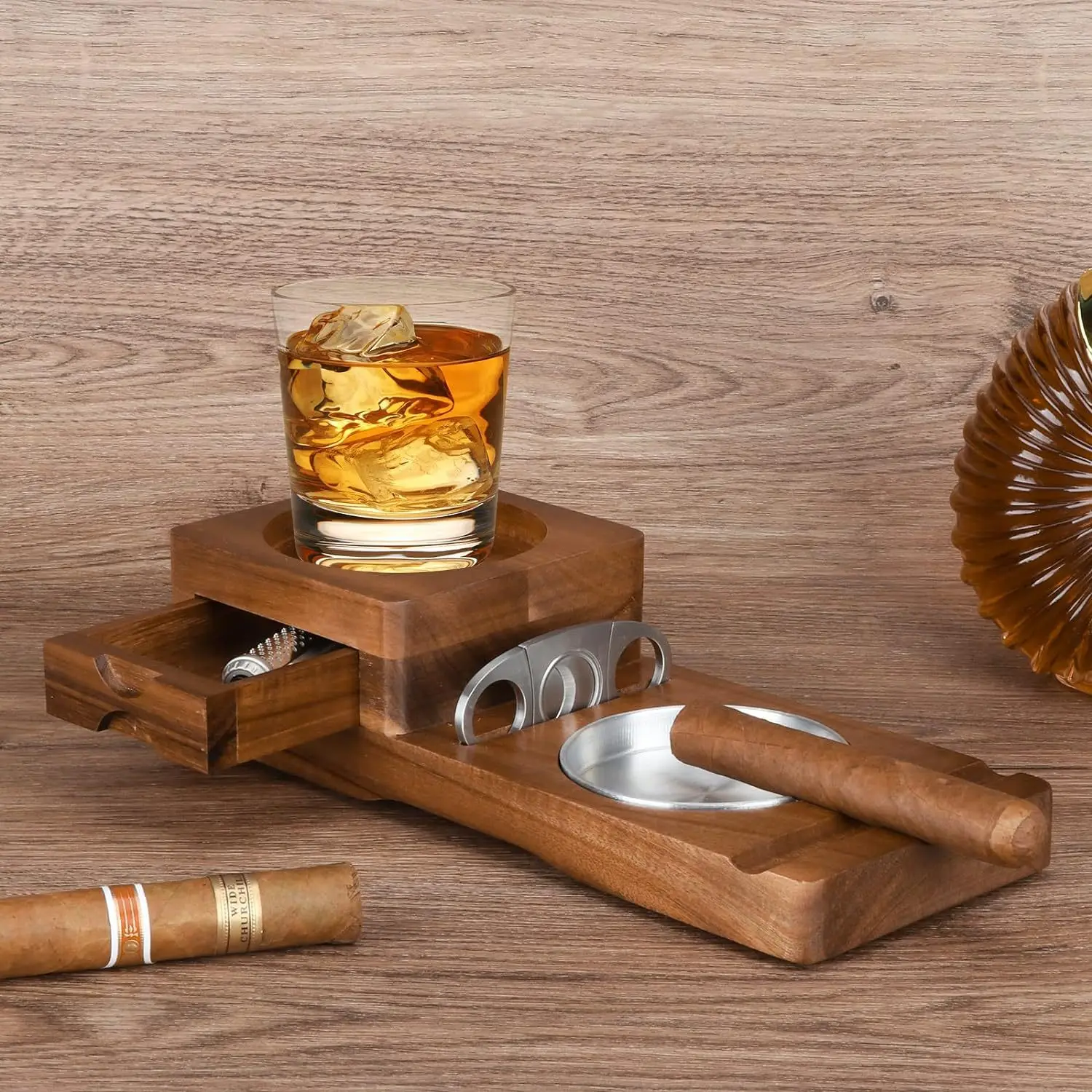 Ashtray Coaster Whiskey Glass Tray Wooden Ash Tray with Cigar Cutter Drawer and Cigar Slot Cigar Accessories for Men