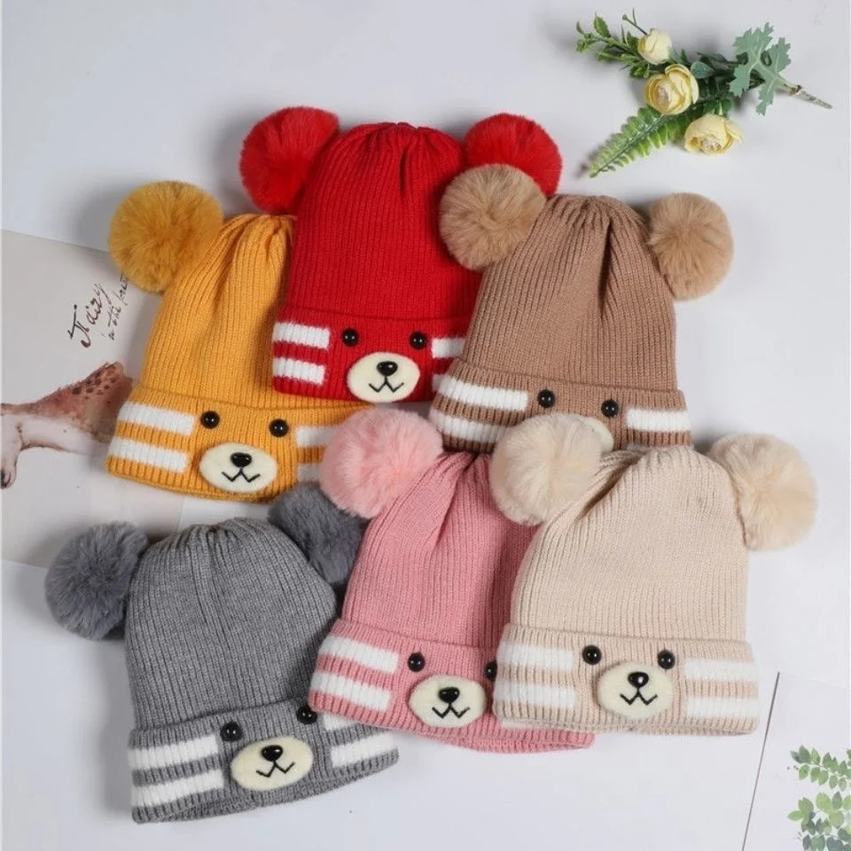 Baby Winter Warm Fur Ball Hats Cute Bear Pattern Children Kids Unisex Knitted Beanies Crochet Cartoon Woolen Skull Cap