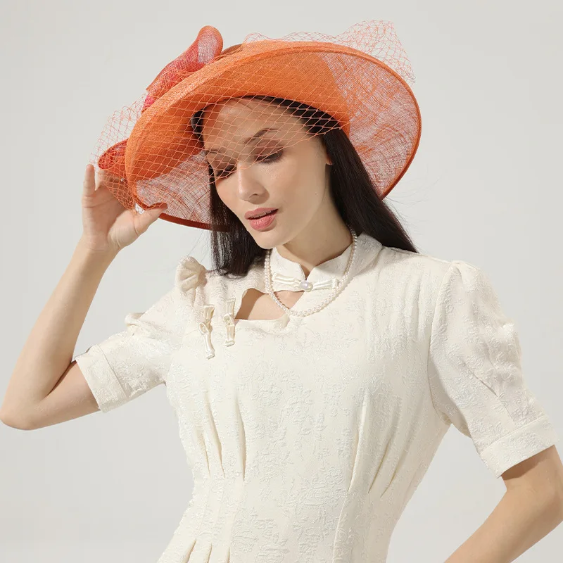 fashion chic Women orange sinamay UV protection sun hat wide brim Kentucky Derby Church wedding Party mesh veil hat
