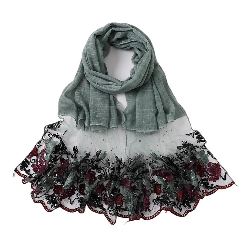 Fashion ladies embroidered lace edge scarf shawl plain cotton pashmina