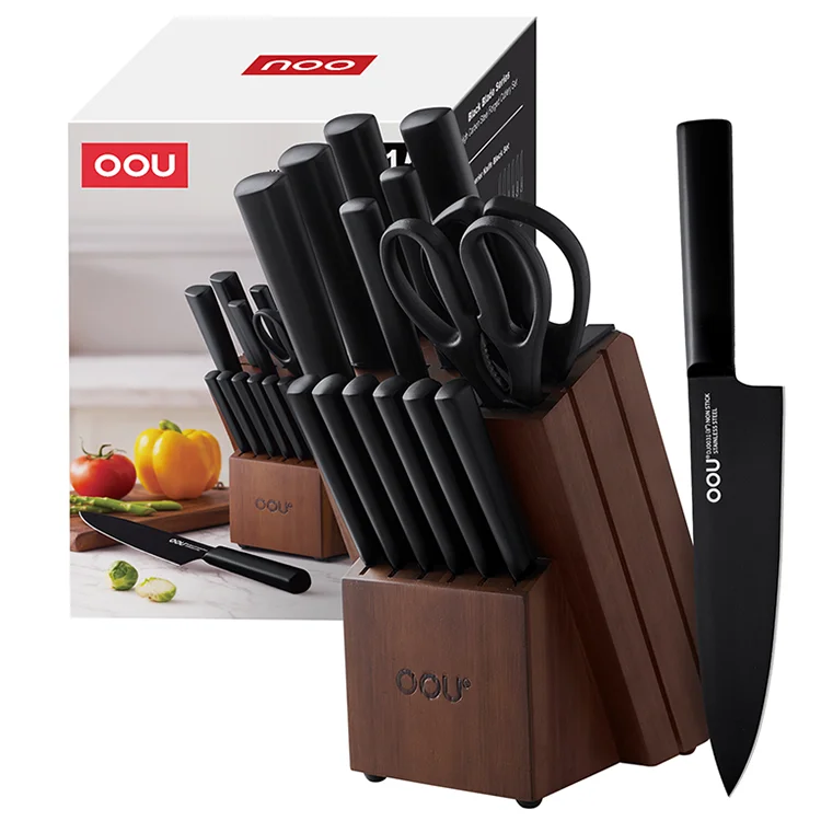 OOU Amazon Top 15Pcs Oxidation Anti-Rusting Stainless Steel Wooden Knife Holder 8 Inch Chef Japan Knife For Kitchen