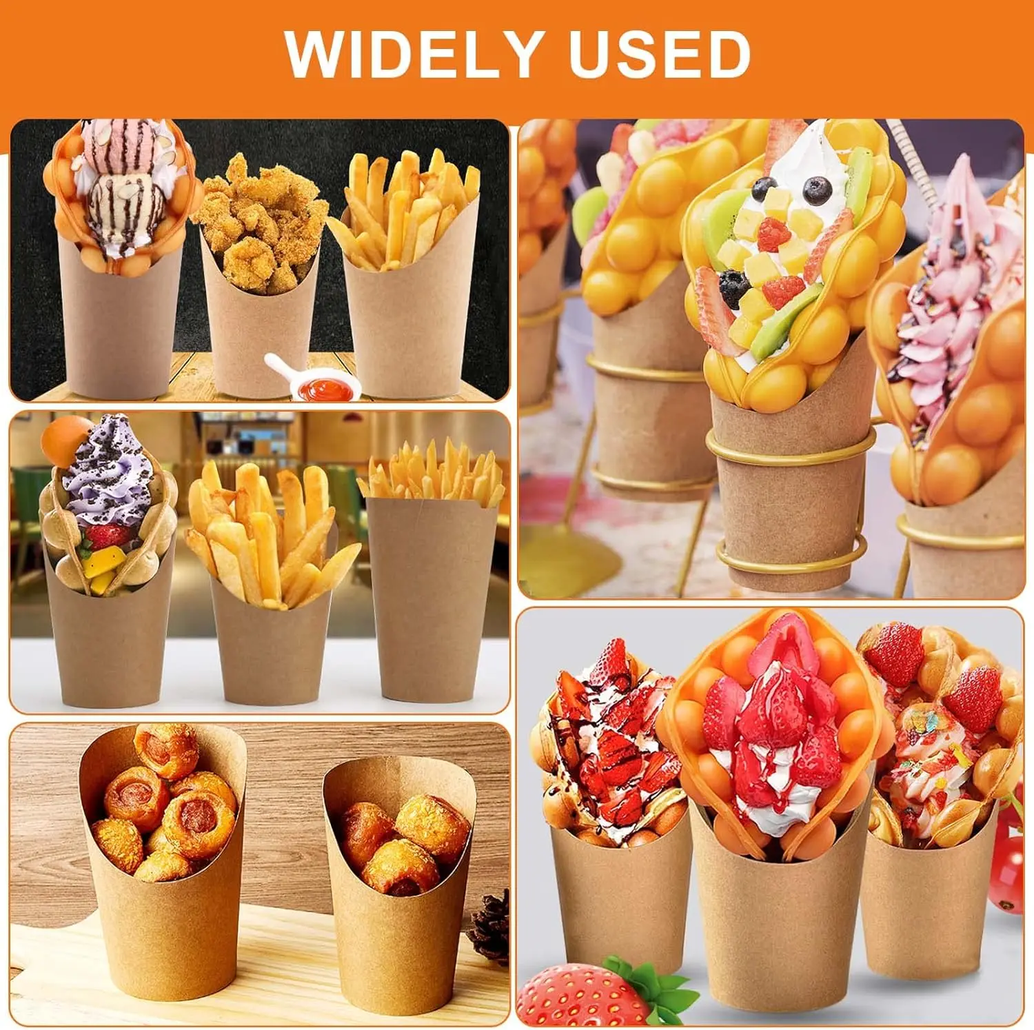 Custom Printed Disposable Paperboard Food Grade Packaging Pizza Packing Kraft Crepe Egg Bubble Waffle Ice Cream Paper Cone Cup