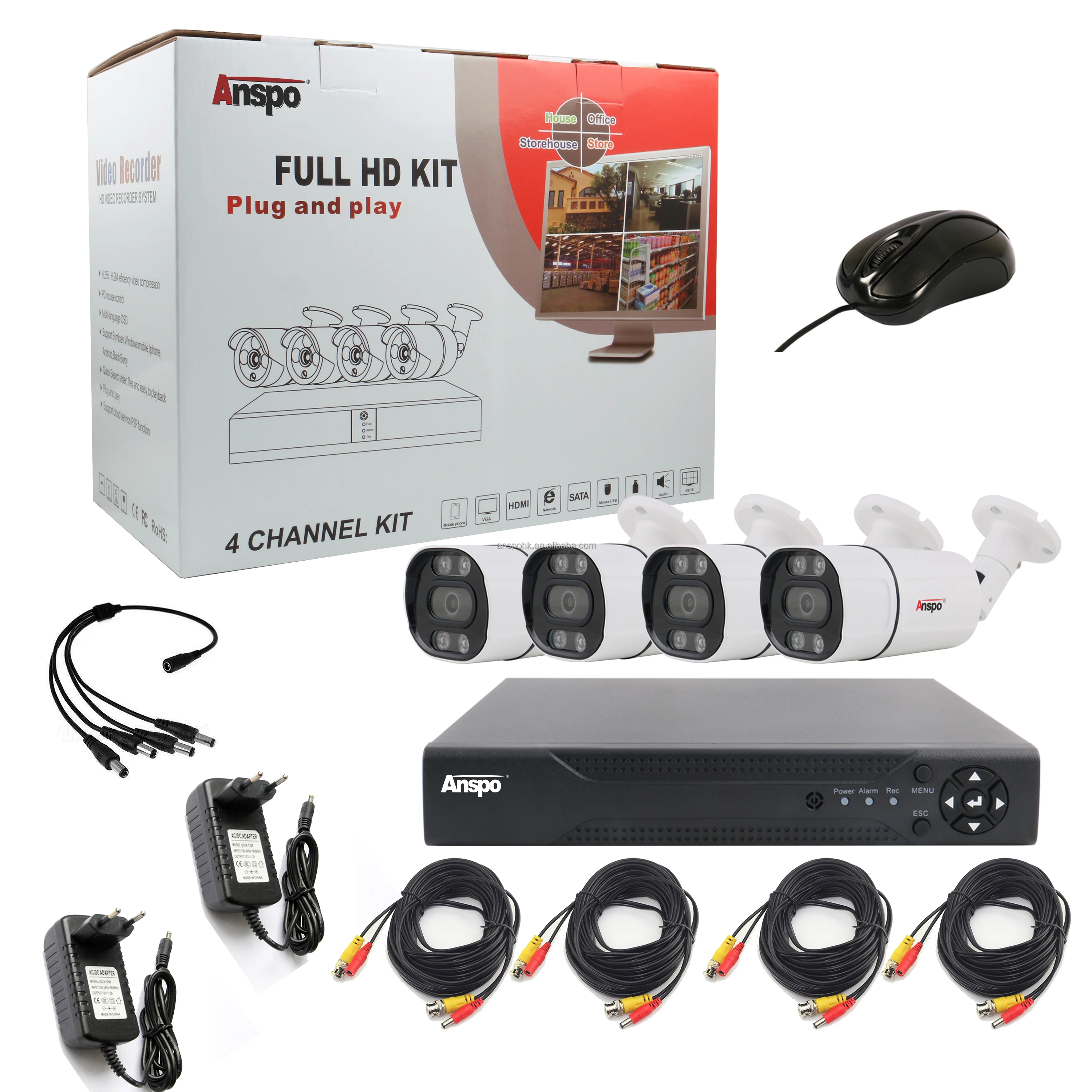 5MP AHD Camera kit with DVR 4CH surveillance system Outdoor Waterproof Bullet Camera CCTV Security Coaxial BNC cable with power