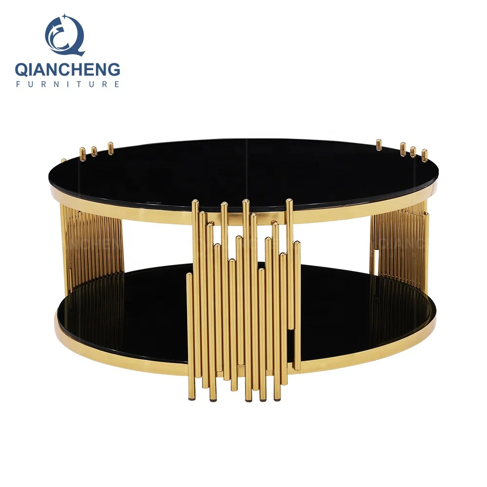 living room furniture modern black glass golden round coffee table