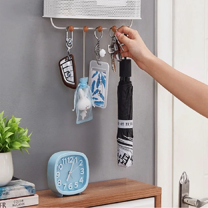 metal mesh floating shelves wall decorative key mail towel rack holders clip hanger for with 5 Hooks storage holders & racks