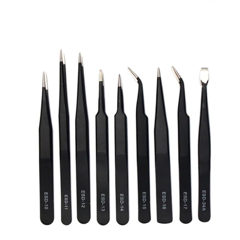 Wholesale Stainless Steel Pointed 9-piece Set Anti-static Beauty Tweezers Set Nail Tools Pointed Tweezers
