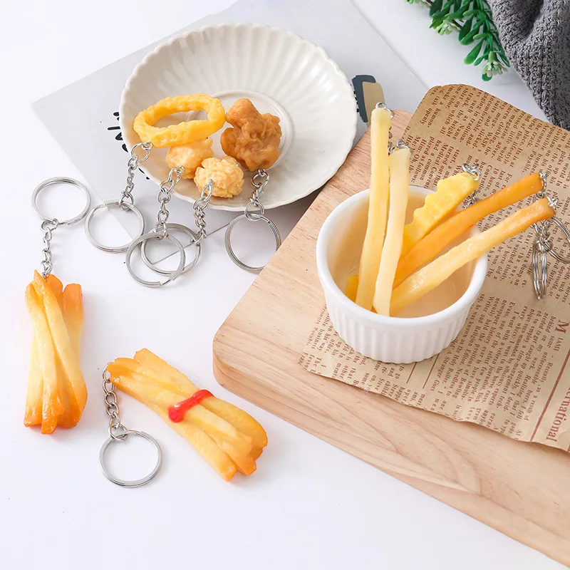 Wholesale Custom Promotional Gift Keychain Cute Simulation PVC Chicken Leg French Fries Crisps Luxury Keychain
