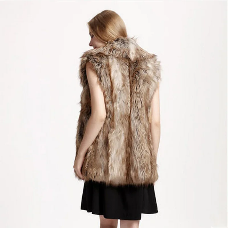 Elegant Women Winter Raccoon Fur Waistcoat Fluffy Hooded Faux Fur Vest