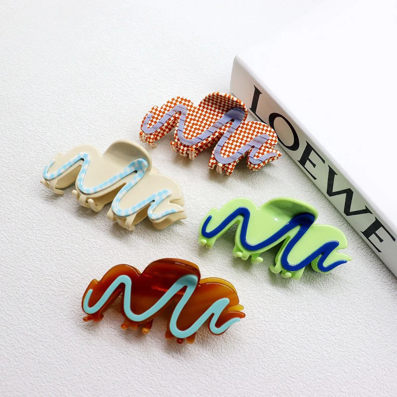 New OEM Women Hair Clip Claw Retro Leopard checker Hair Accessories Acetate Geometric Wave Hair Claw