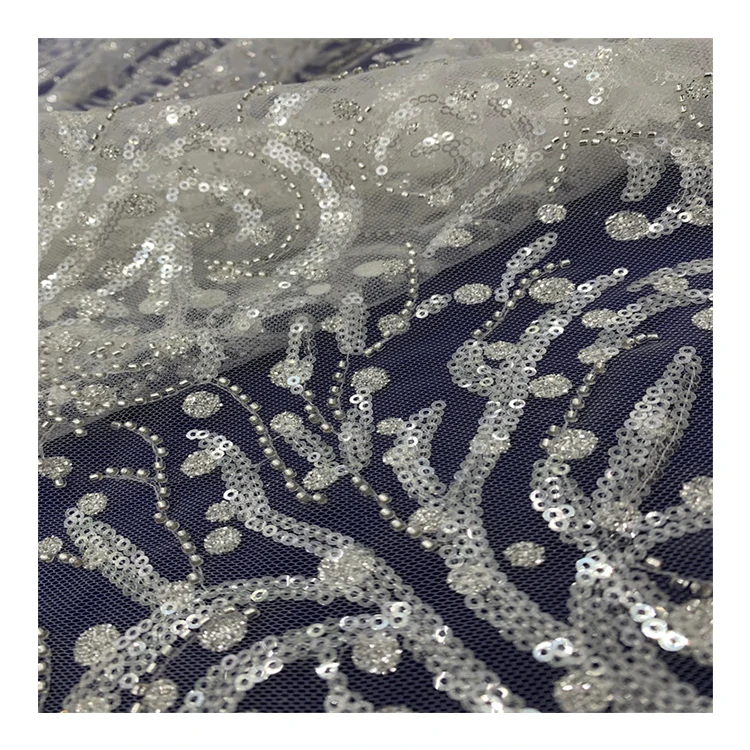 Guangzhou factory beaded sequins embroidered boho wedding evening dress crochet lace fabric for clothing women