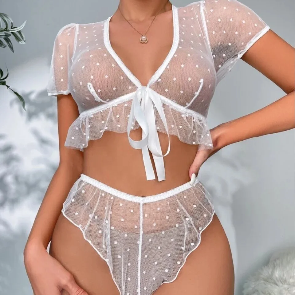 HY Wholesale Lace Erotic Underwear White Dots Black Sheer Girls Women Sexy Lingerie Skirt 2 Piece T String Lingeries