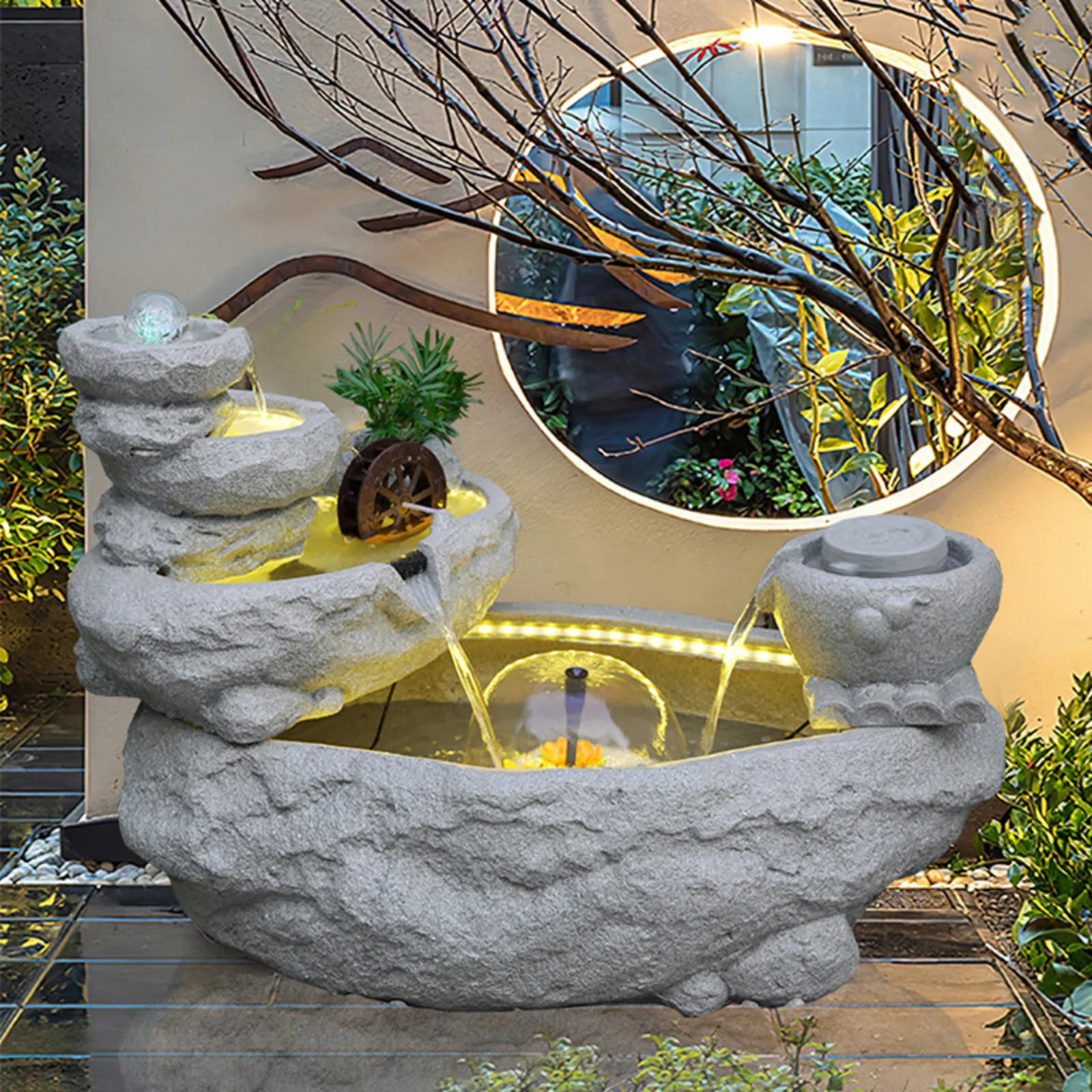 CHENYISHI Large Outdoor Rockery Waterfall Fountain with LED Lights and Water Mill Decorative Bonsai Water Feature