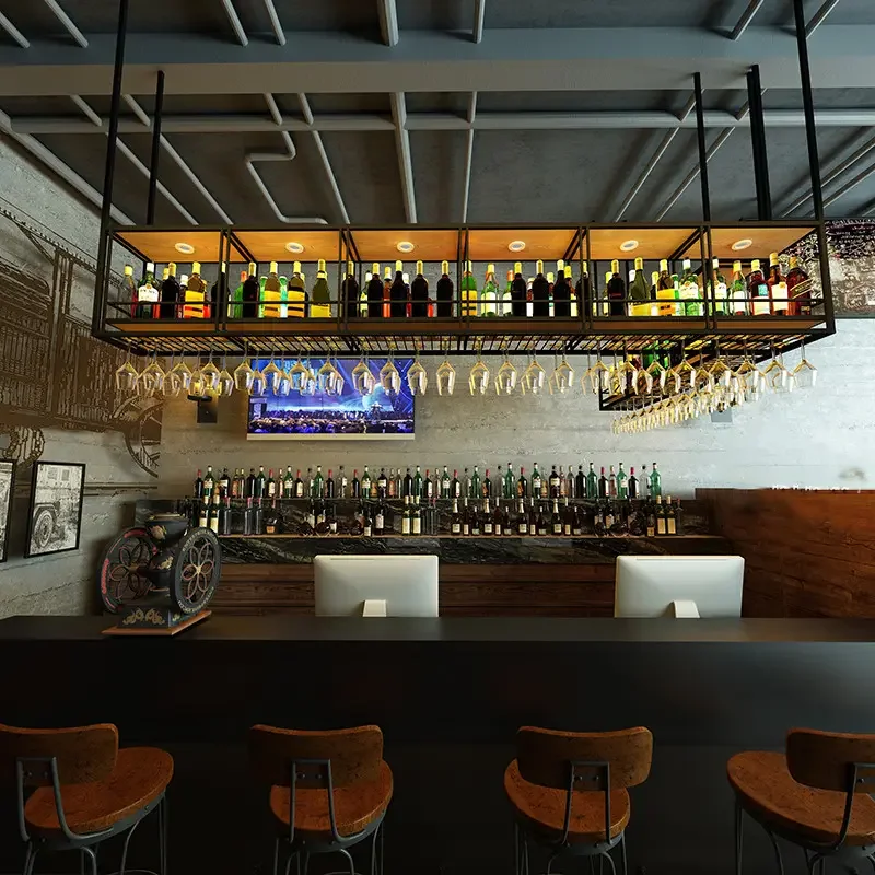 Customized Bar Counter Top Wine Glass Storage Racks Restaurant Ceiling Hanging Storage Racks Bar Furniture Metal Wine Rack