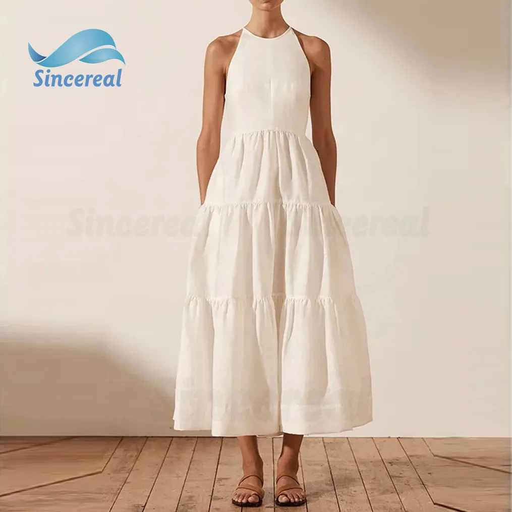 Popular fashion style puffy backless sleeveless pleated tiered sexy party sweet girl ladies wear maxi 100% linen dress for women