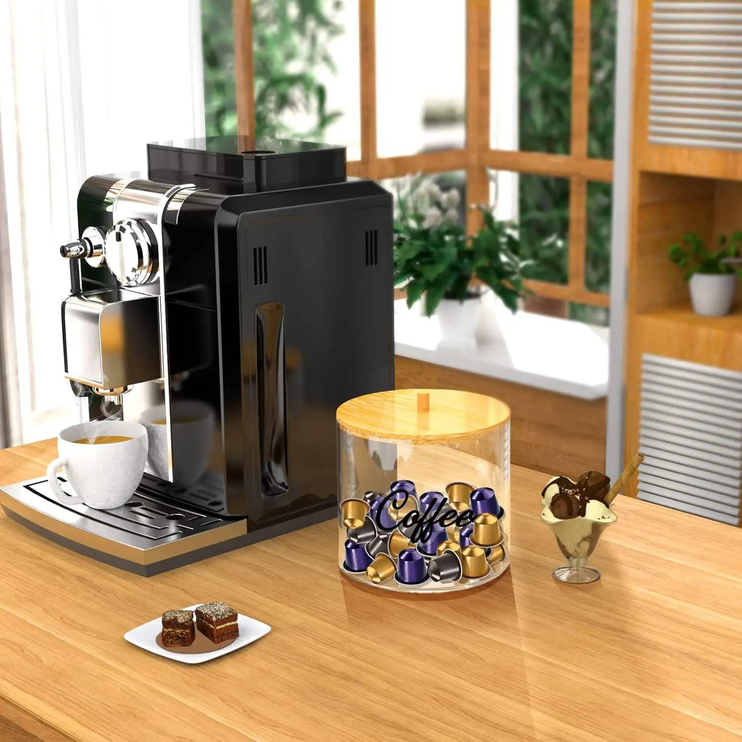 Clear K Cup Coffee Filter Holder Coffee Pod Holder with Bamboo Lid Compatible with Nespresso Capsule